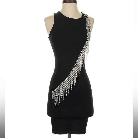 Zara Rhinestone Fringe Bodycon Mini Dress Black Sleeveless Stretch XS-S NWT - Picture 2 of 7